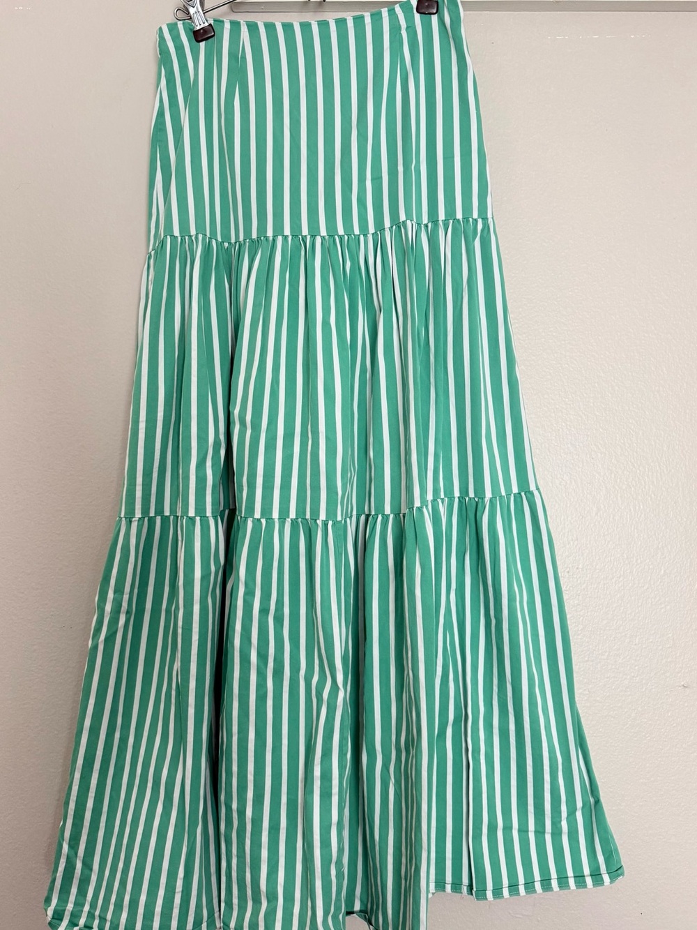 Gianni Bini Green and White Vertical Stripe Tiered Maxi Skirt